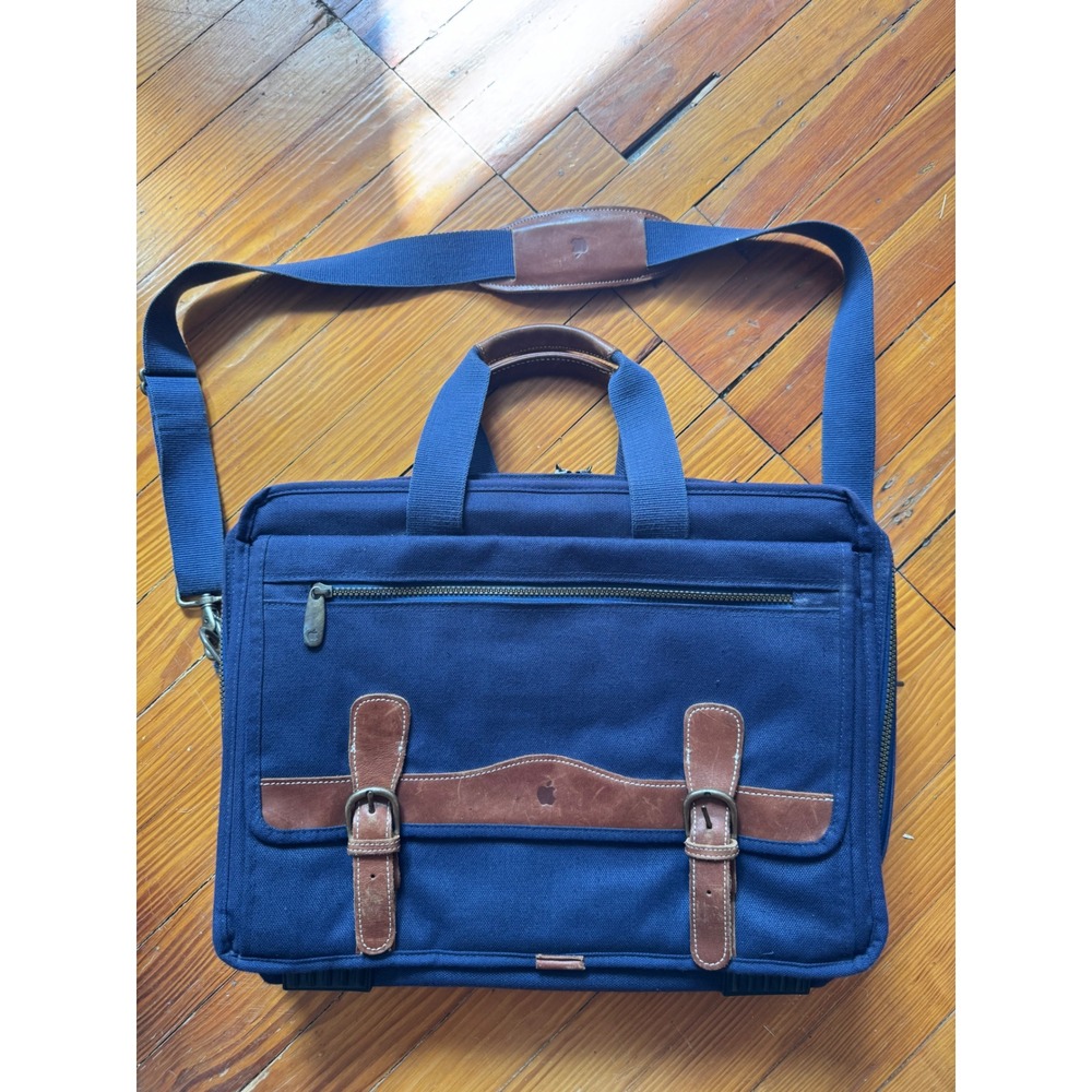 Vintage Apple Computer Logo Laptop Briefcase Messenger Bag Navy Blue Canvas Rare